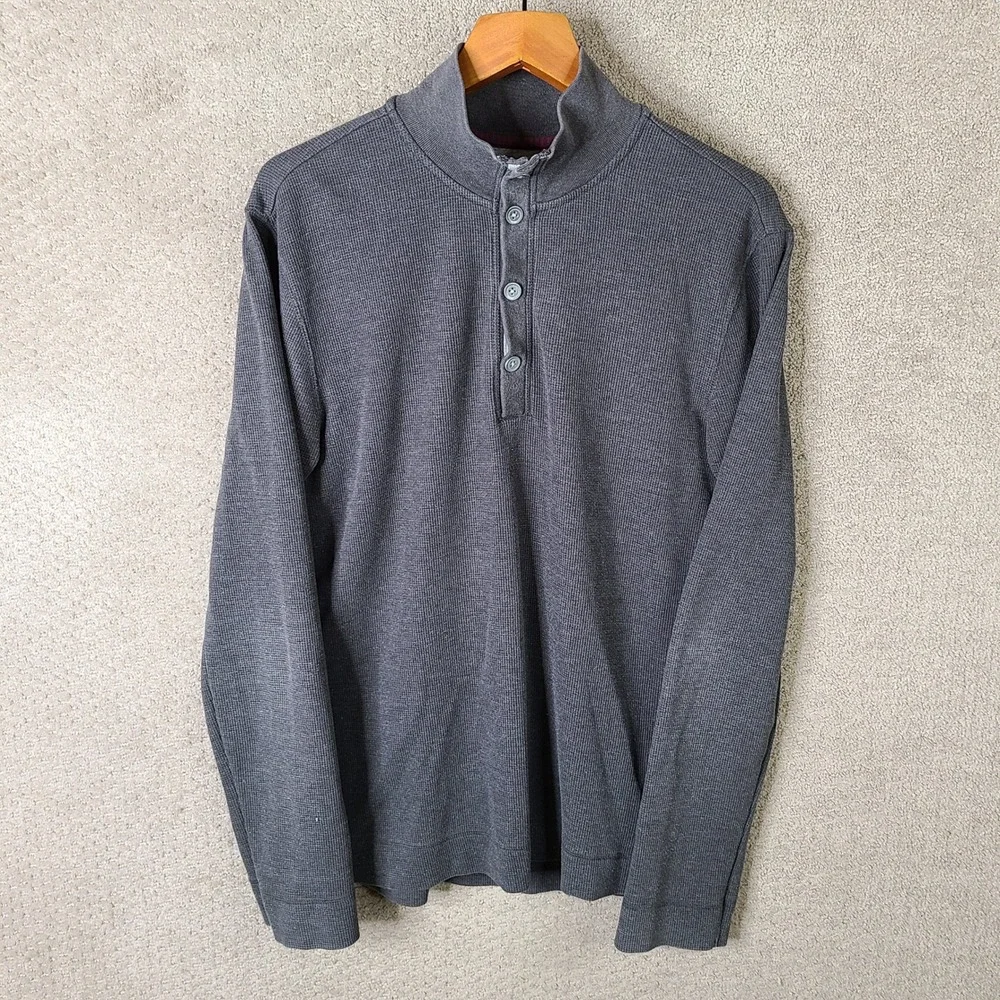 Banana Republic Shirt Men Large Gray Henley Waffle Knit Cotton Blend Long Sleeve